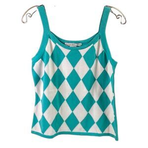 Versailles Diamond Argyle Cotton Tank Top Teal White Vintage NWT